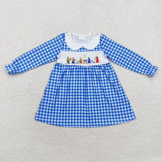 GLD0647 Nativity Blue Plaid Print Girls Knee Length Christmas Dress