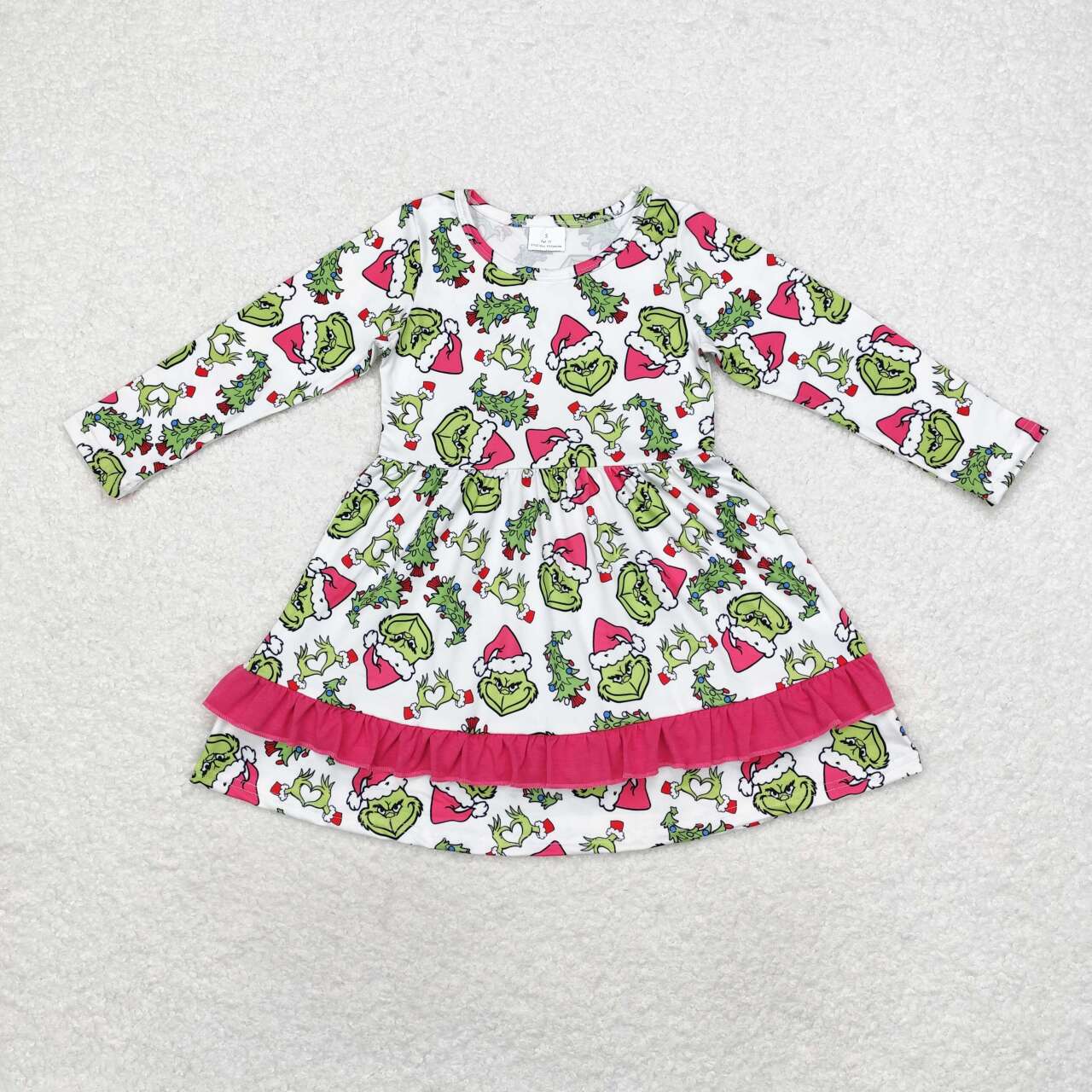 GLD0651 Green Frog Face Print Girls Knee Length Christmas Dress