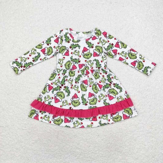 GLD0651 Green Frog Face Print Girls Knee Length Christmas Dress