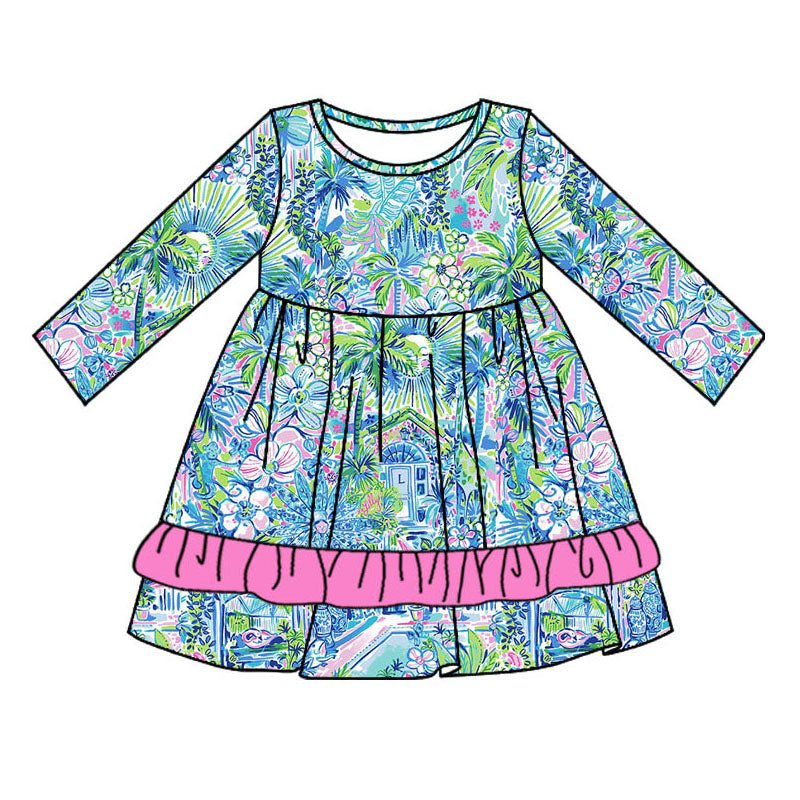 (Pre-order)GLD0653 Blue Flowers House Print Girls Knee Length Dress