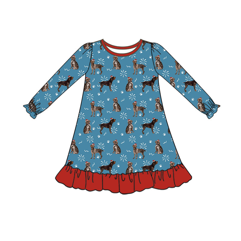 (Pre-order)GLD0658 Dog Blue Print Girls Knee Length Christmas Dress