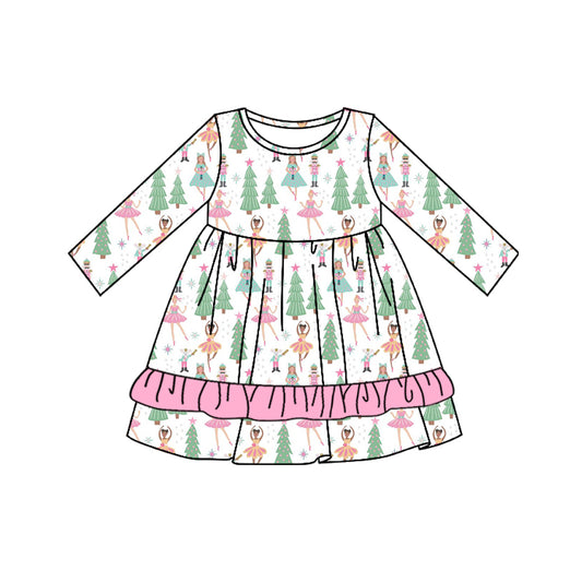 (Pre-order)GLD0659 Pink Nutcracker Print Girls Knee Length Christmas Dress