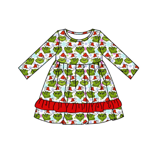 (Pre-order)GLD0660 Frog Face Snowflake Print Girls Knee Length Christmas Dress