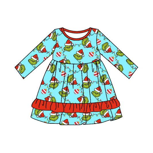 (Pre-order)GLD0661 Frog Face Lights Print Girls Knee Length Christmas Dress