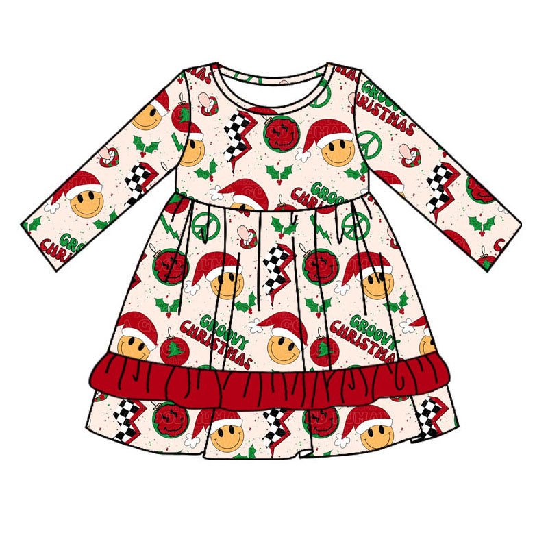 (Pre-order)GLD0662 Smiling Face Holly Print Girls Knee Length Christmas Dress