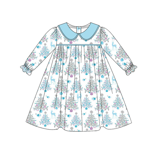 (Pre-order)GLD0663 Christmas Tree Blue Print Girls Knee Length Christmas Dress