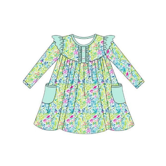 (Pre-order)GLD0665 Seaweed Print Girls Knee Length Fall Dress