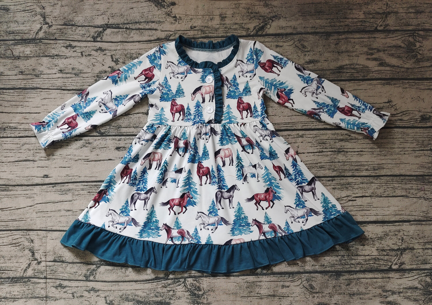 (Pre-order)GLD0675 Horse Print Girls Knee Length Fall Dress