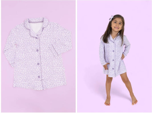 (Pre-order)GLD0680 Purple Leopard Print Girls Long Pajamas Top