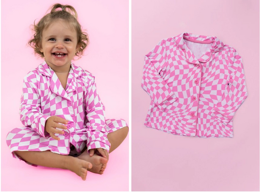 (Pre-order)GLD0681 Pink Plaid Print Girls Long Pajamas Top