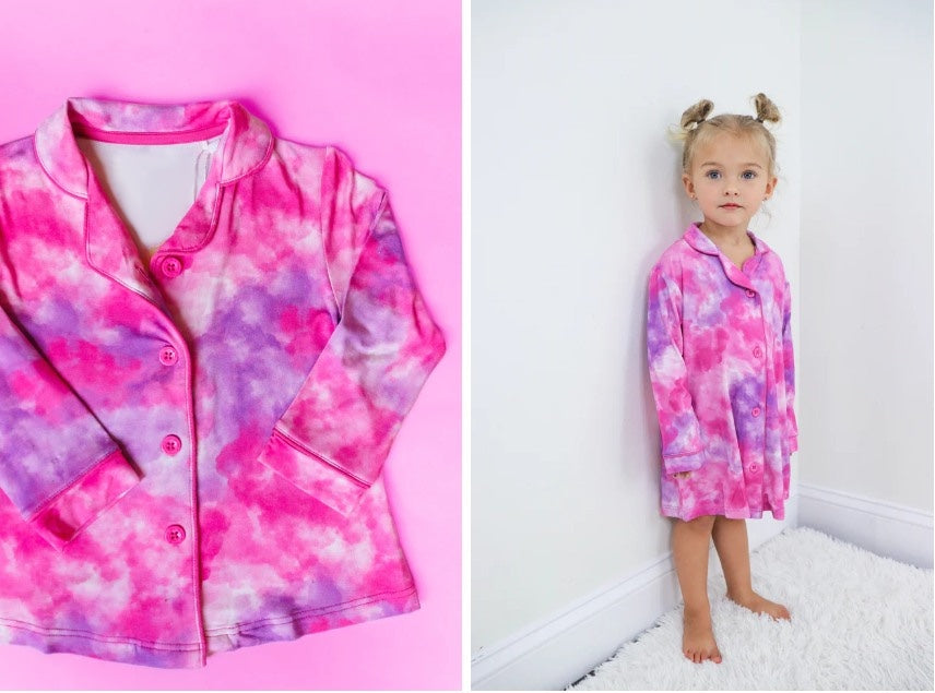 (Pre-order)GLD0682 Hotpink Tie-dye Print Girls Long Pajamas Top