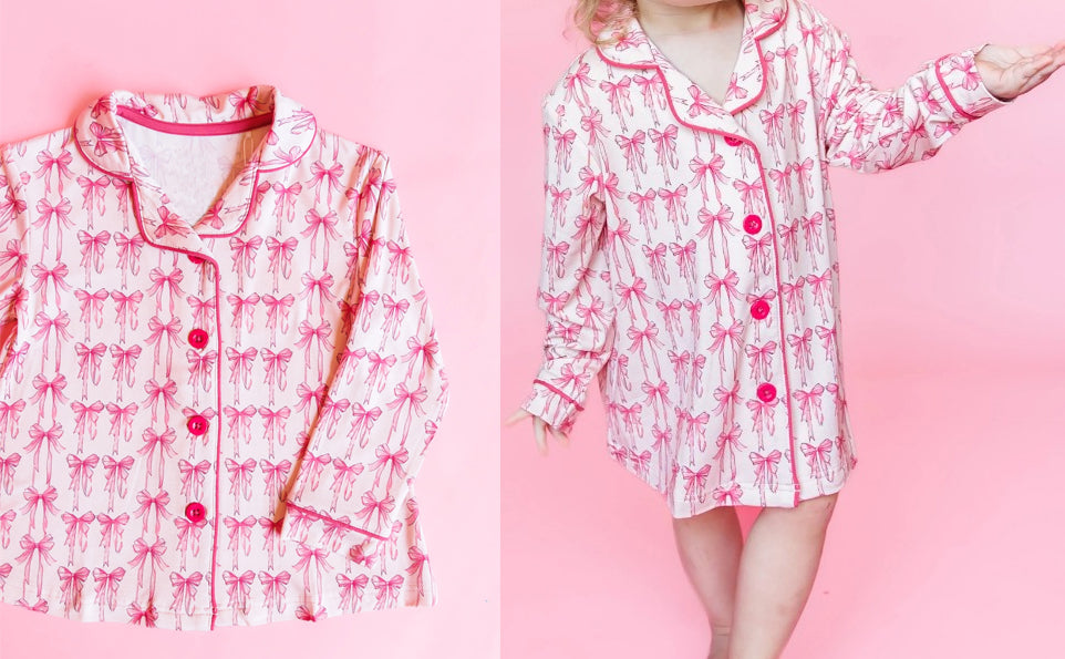 (Pre-order)GLD0684 Pink Bows Print Girls Long Pajamas Top