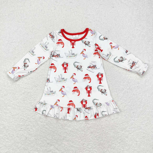 GLD0687 Animals Lights Print Girls Knee Length Christmas Dress