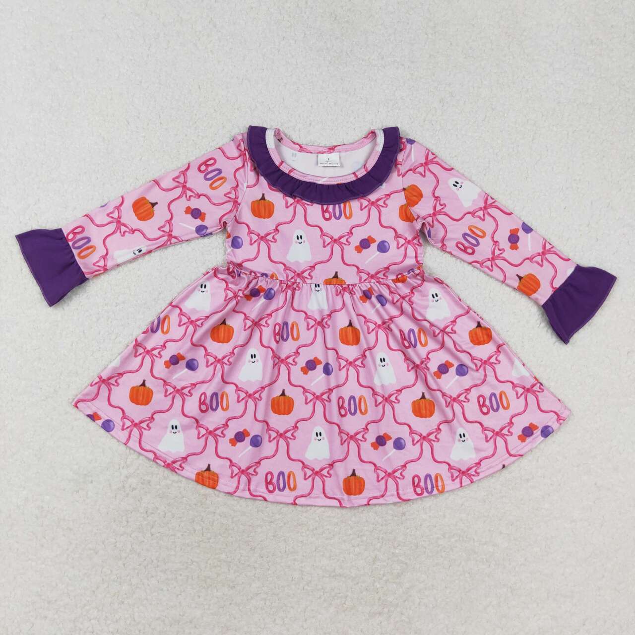 GLD0691 Bows Ghost Pumpkin Boo Print Girls Knee Length Halloween Dress