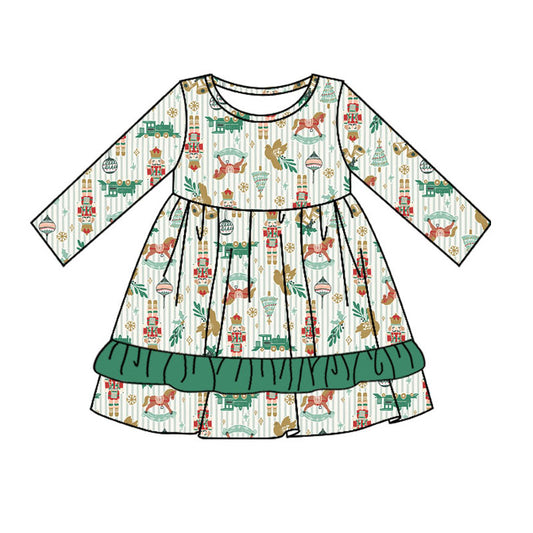 (Pre-order)GLD0695 Nutcracker Print Girls Knee Length Christmas Dress