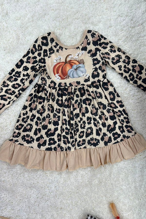 (Pre-order)GLD0698 Pumpkin Lopard Print Girls Knee Length Fall Dress