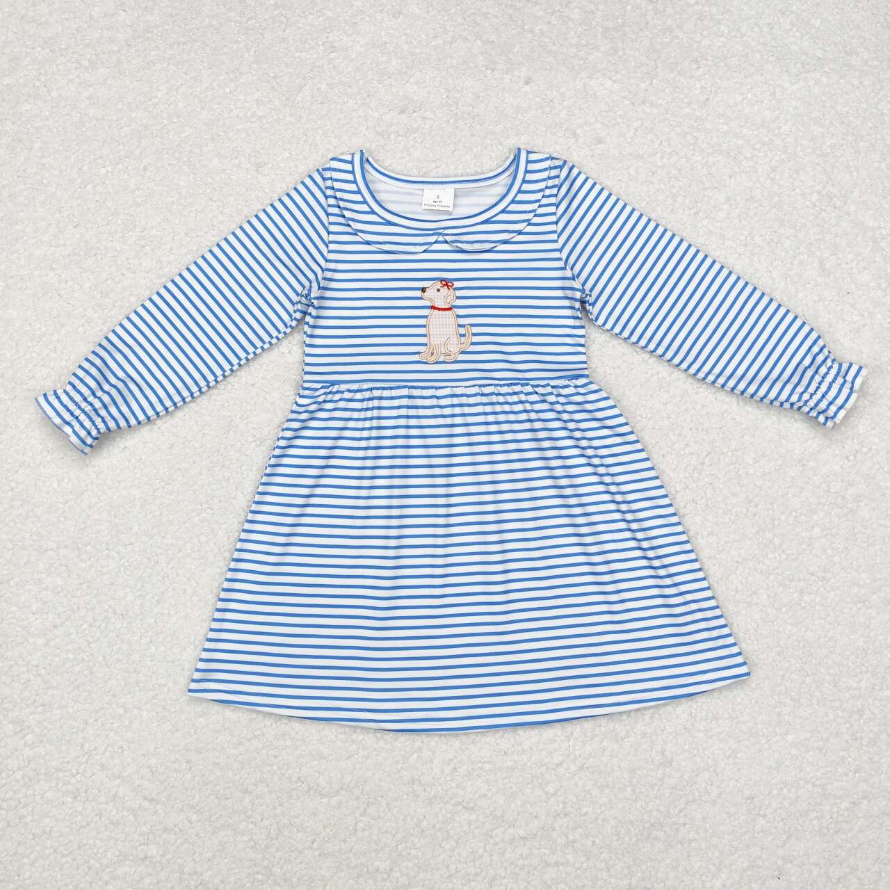 Dog Embroidery Blue Stripes Print Sibling Matching Clothes