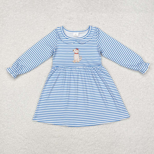 GLD0701 Dog Embroidery Blue Stripes Print Girls Knee Length Fall Dress