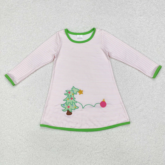 GLD0704 Tree Embroidery Pink Stripes Print Girls Christmas Knee Length Dress