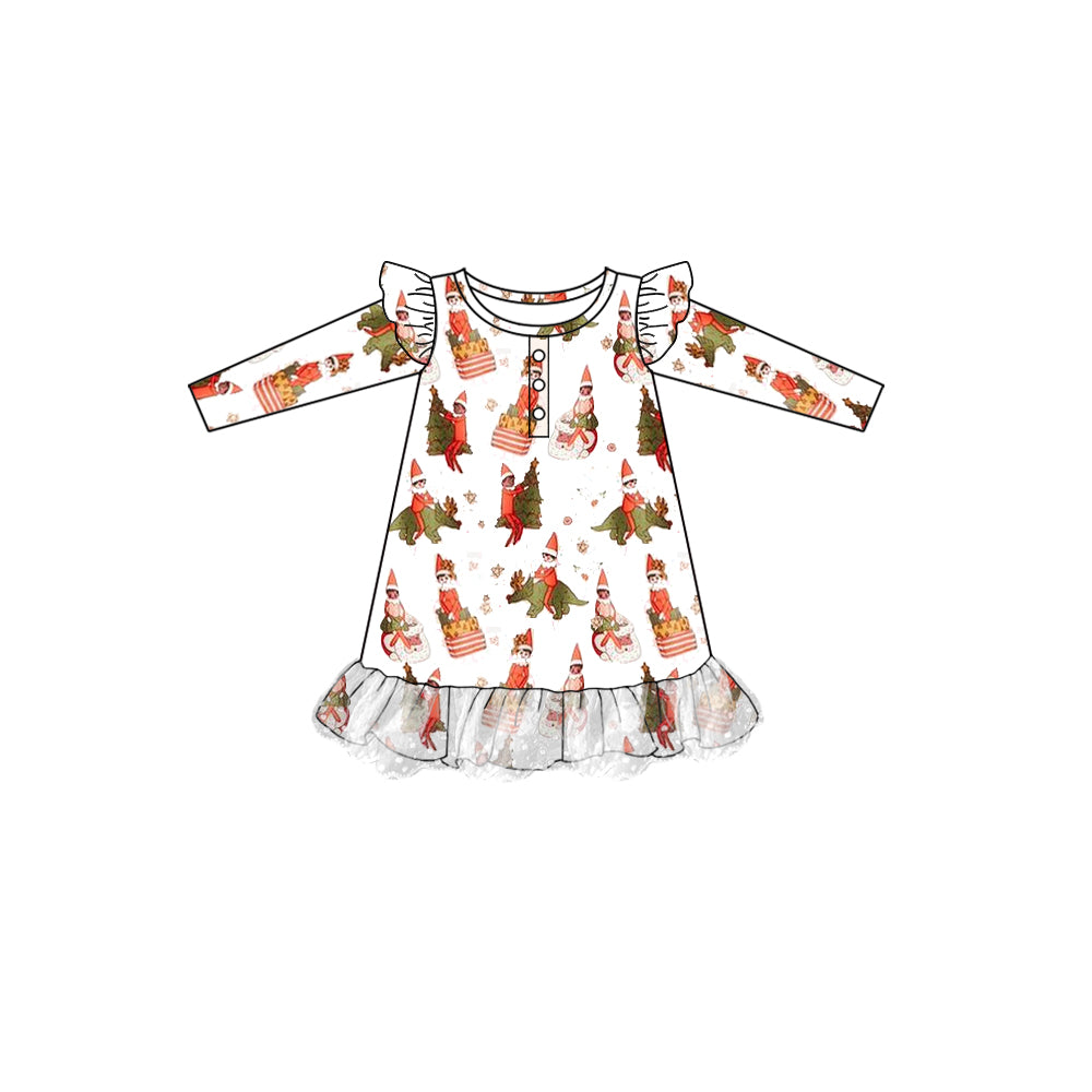 (Pre-order)GLD0706 Dino Shelf Print Girls Knee Length Christmas Dress