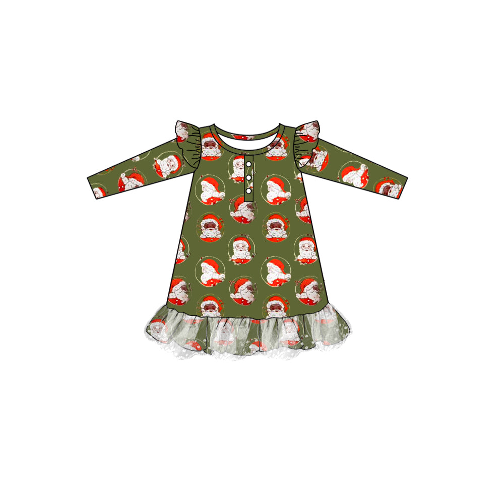 (Pre-order)GLD0707 Green Santa Print Girls Knee Length Christmas Dress