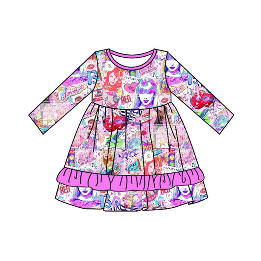 (Pre-order)GLD0709 Singer Swiftie Print Girls Knee Length Fall Dress