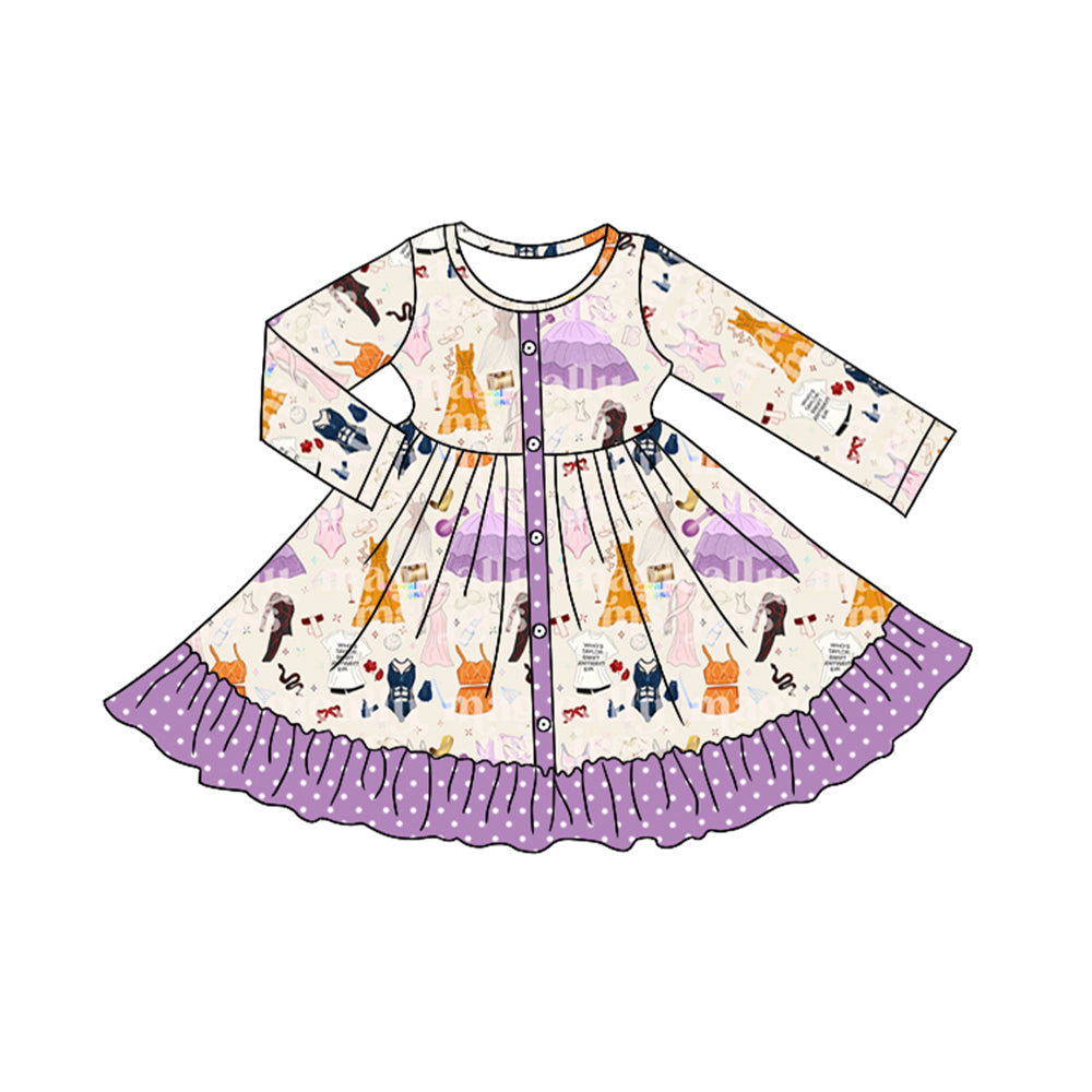 (Pre-order)GLD0710 Singer Swiftie Purple Print Girls Knee Length Fall Dress