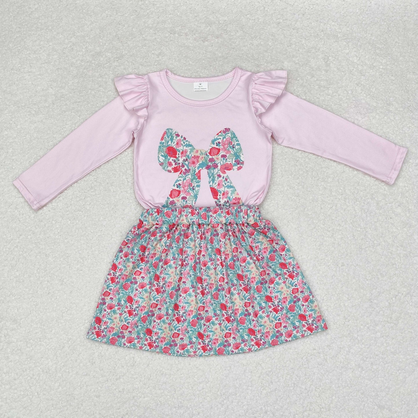 GLD0713 Pink Bow Top Flowers Skirts Girls Fall Clothes Set