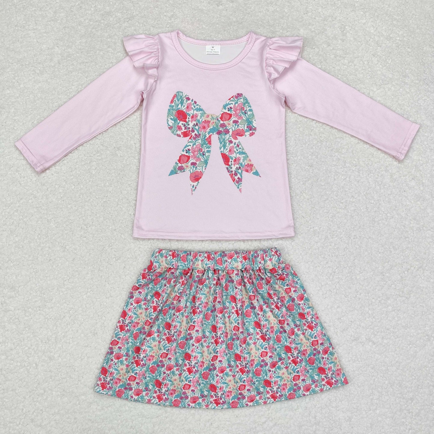 GLD0713 Pink Bow Top Flowers Skirts Girls Fall Clothes Set