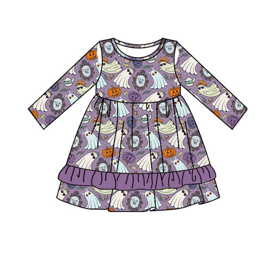 (Pre-order)GLD0718 Ghost Pumpkin Purple Print Girls Knee Length Halloween Dress