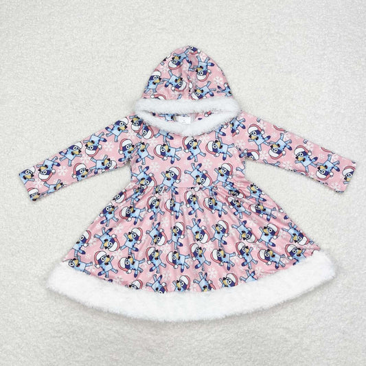 GLD0724 Cartoon Dog Print Girls Knee Length Hoodie Thick Christmas Dress