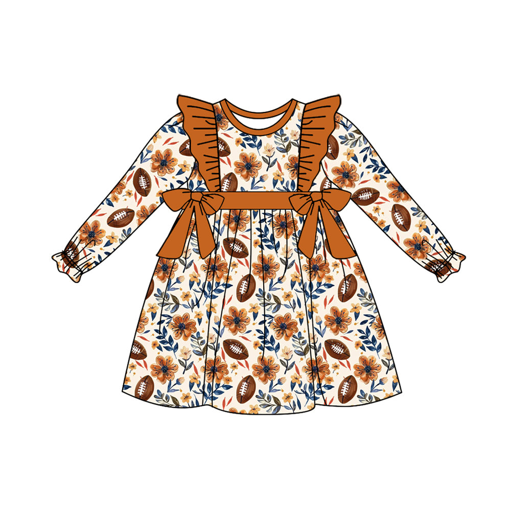 (Pre-order)GLD0727 Football Flowers Print Girls Knee Length Fall Dress