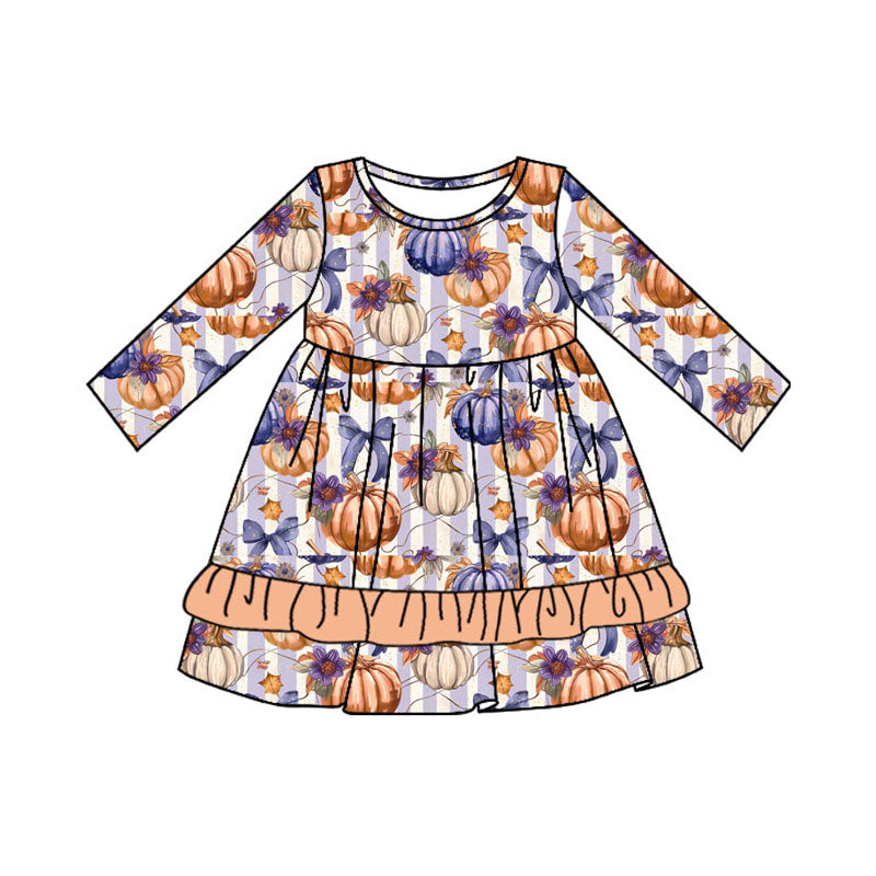 (Pre-order)GLD0729 Pumpkin Flowers Print Girls Knee Length Fall Dress