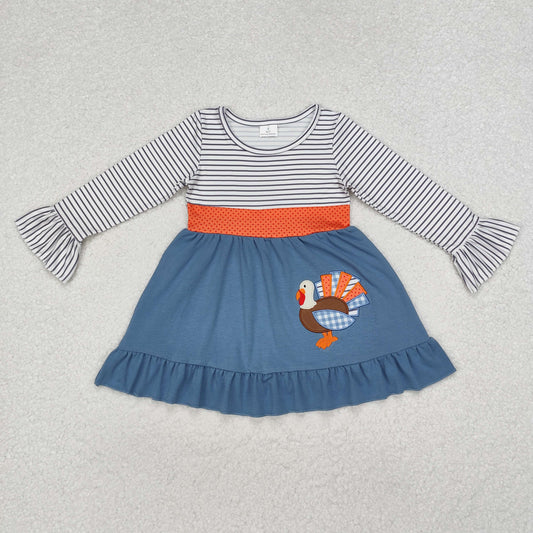 GLD0731 Turkey Gray Embroidery Girls Thanksgiving Knee Length Dress