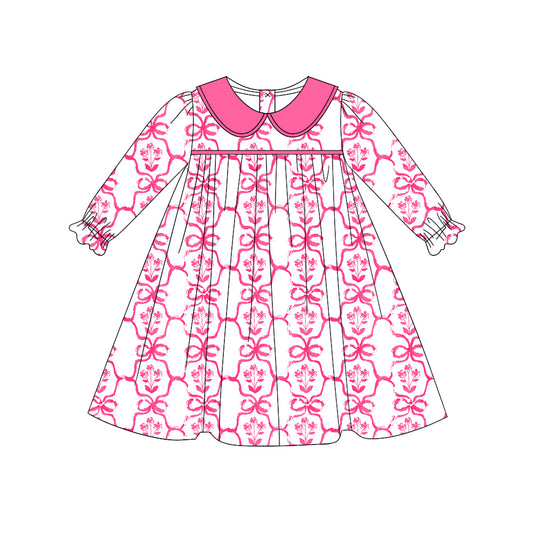 (Pre-order)GLD0735 Hotpink Flowers Print Girls Knee Length Fall Dress