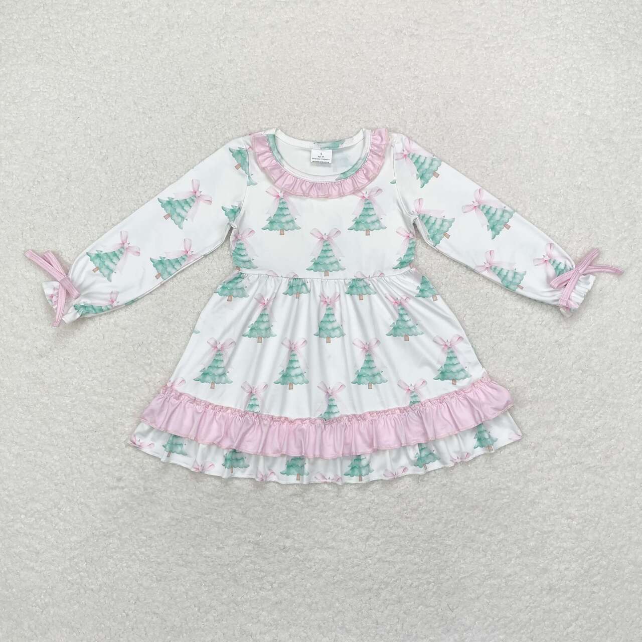 GLD0740 Christmas Tree Pink Bows Print Girls Knee Length Christmas Dress