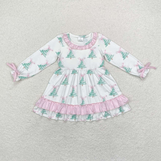 GLD0740 Christmas Tree Pink Bows Print Girls Knee Length Christmas Dress