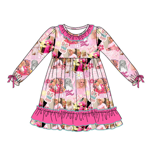 (Pre-order)GLD0745 Pink Singer Western Print Girls Knee Length Fall Dress