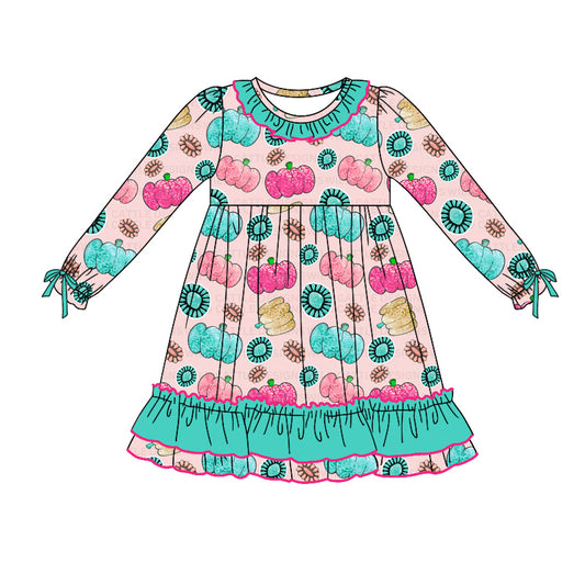 (Pre-order)GLD0746 Pumpkin Turquoise Print Girls Knee Length Fall Dress