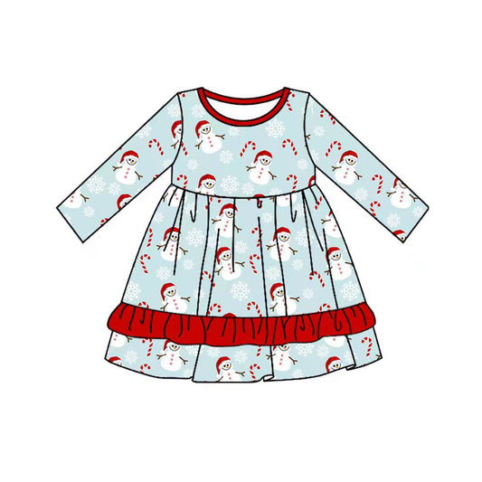 (Pre-order)GLD0749 Snowman Candy Cane Print Girls Knee Length Christmas Dress