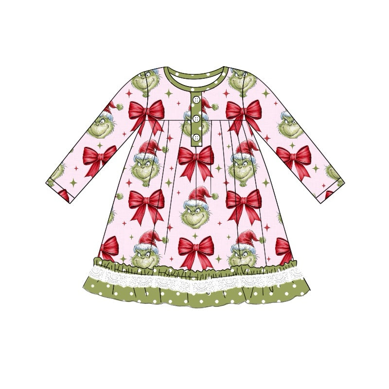 (Pre-order)GLD0756 Green Frog Red Bows Print Girls Knee Length Christmas Dress