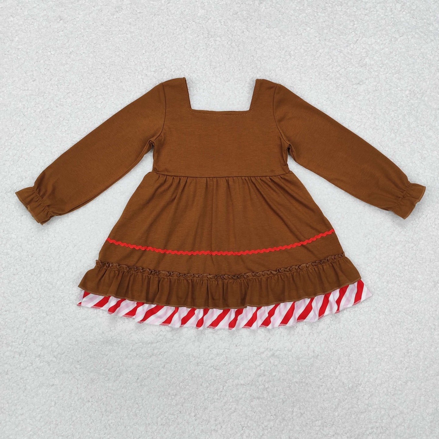 GLD0758 Gingerbread Bows Brown Color Girls Christmas Knee Length Dress