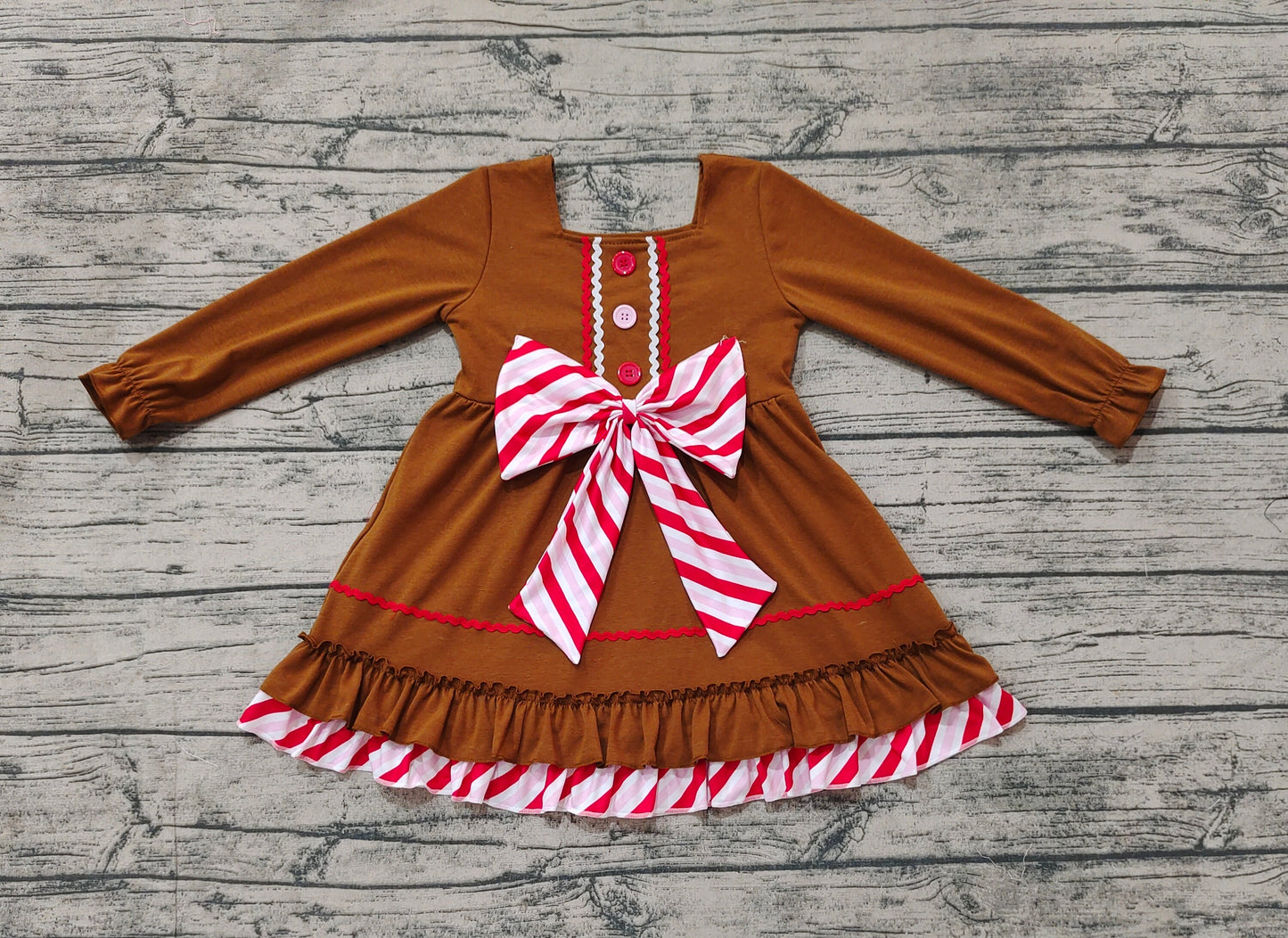 (Pre-order)GLD0758 Gingerbread Bows Print Girls Knee Length Christmas Dress