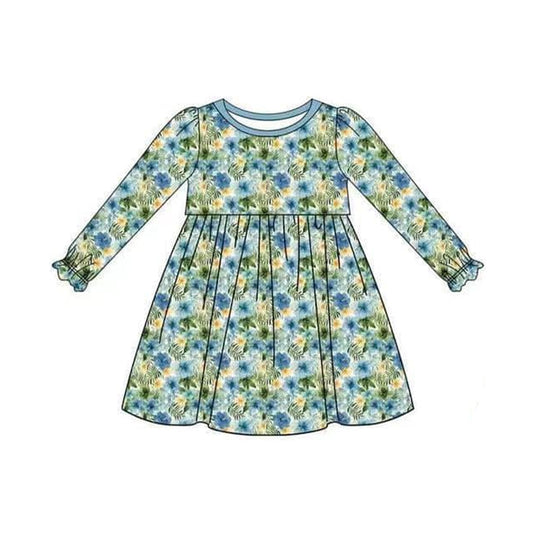 (Pre-order)GLD0760 Blue Flowers Print Girls Knee Length Fall Dress