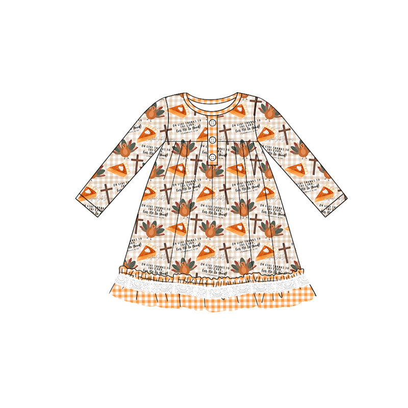 (Pre-order)GLD0766 Turky Pie Print Girls Knee Length Thanksgiving Buttons Dress