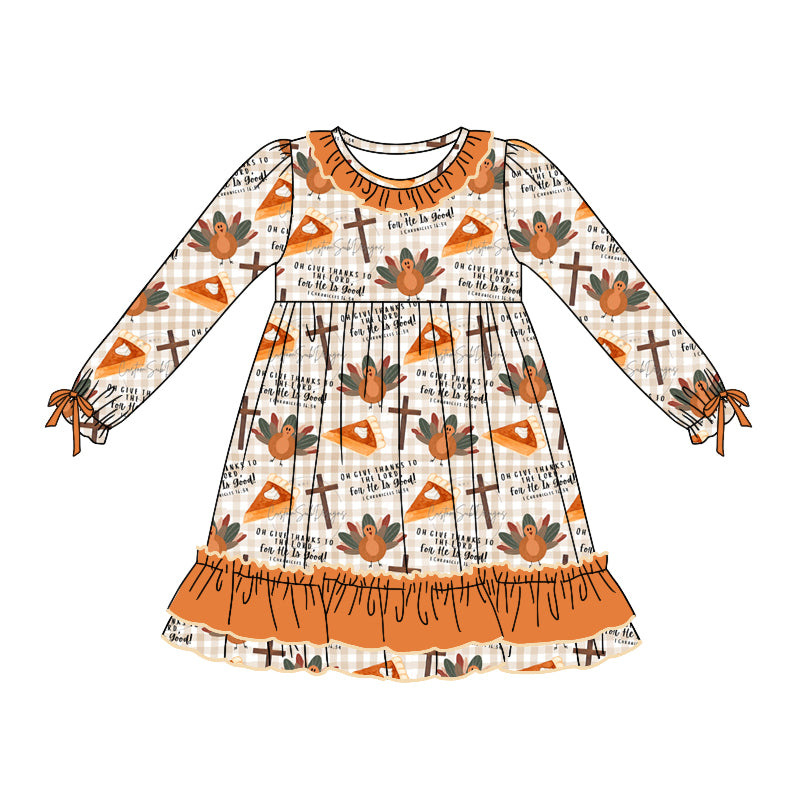 (Pre-order)GLD0767 Turky Pie Print Girls Knee Length Thanksgiving Ruffles Dress