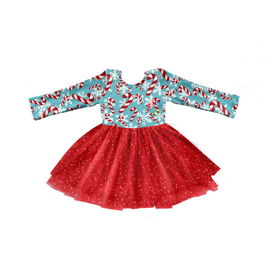 (Pre-order)GLD0772 Candy Cane Print Girls Knee Length Christmas Tulle Dress