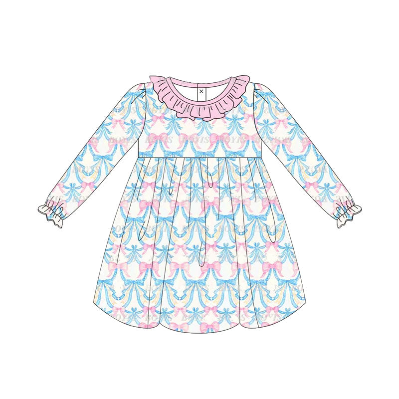 (Pre-order)GLD0773 Pink Blue Bows Print Girls Knee Length Fall Dress