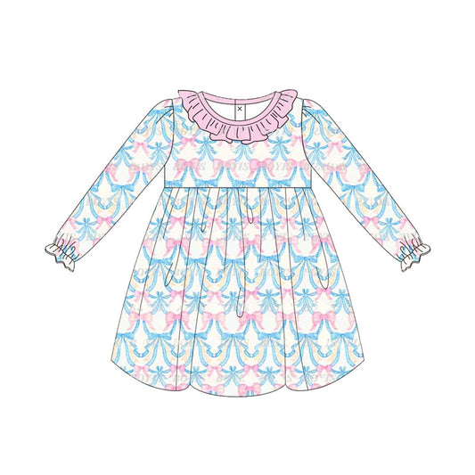 (Pre-order)GLD0773 Pink Blue Bows Print Girls Knee Length Fall Dress