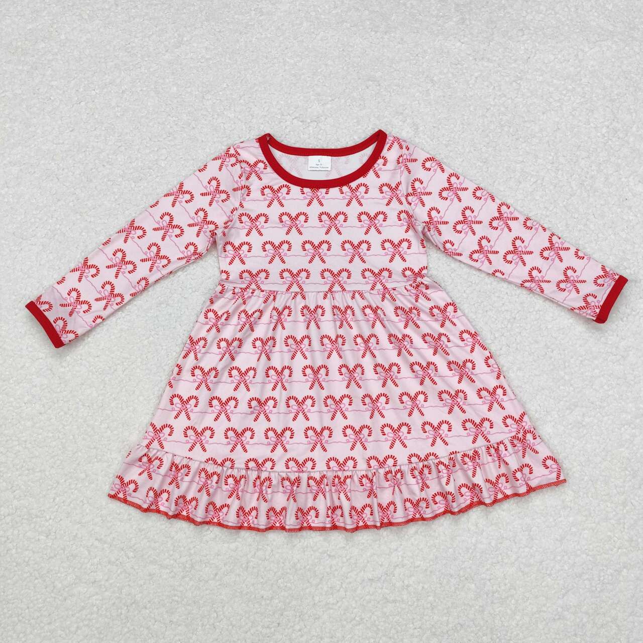 GLD0774 Candy Cane Print Girls Knee Length Christmas Dress